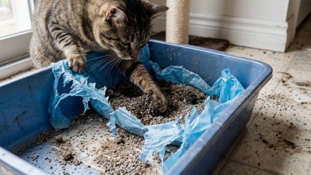 torn litter box liner with cat scratching and litter spilling underneath