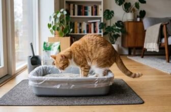 cat using litter box liners in a home setting