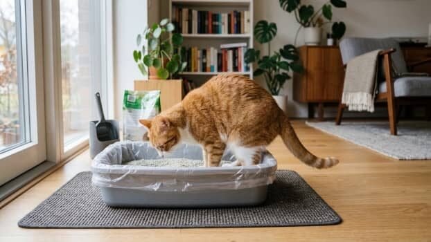 cat using litter box liners in a home setting
