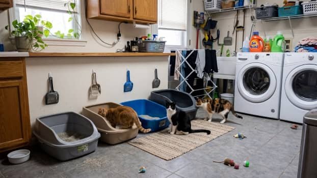 multiple litter boxes placed together in one room with several cats