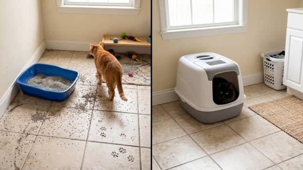 litter scattered around an open litter box on the floor