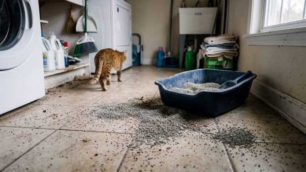 litter scattered on the floor around a low sided litter box