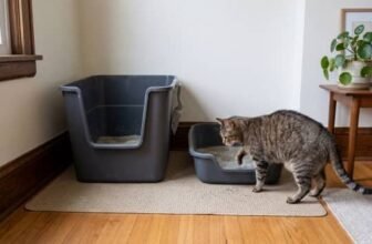 low entry litter box compared to high sided litter box with cat choosing easier entry