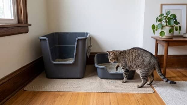 low entry litter box compared to high sided litter box with cat choosing easier entry