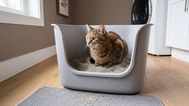low front high sided litter box with cat inside on mat