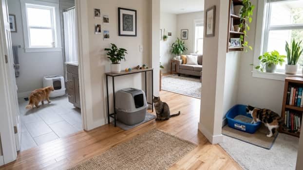 multiple litter boxes placed in separate areas of a home for three cats
