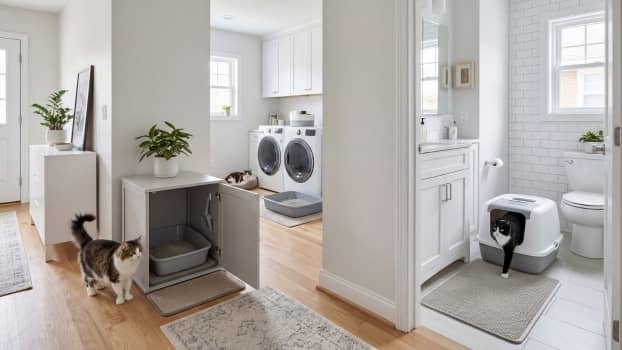 litter boxes placed in different areas of a home including bathroom and living space for multiple cats