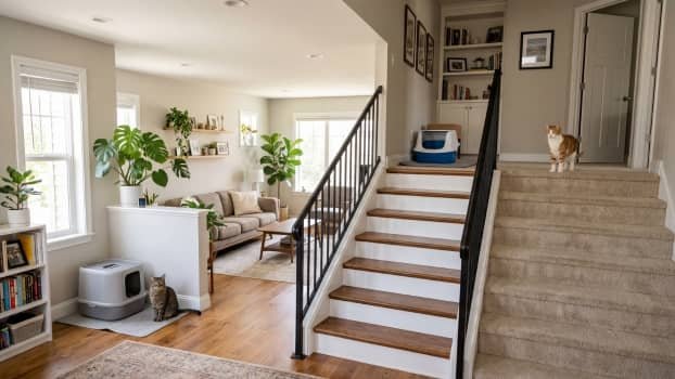 litter boxes placed on different floors of a home with cats
