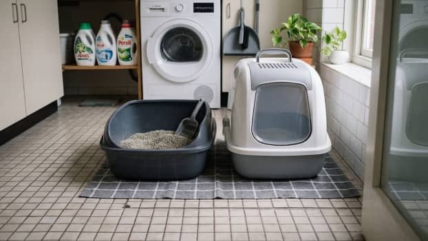 open litter box next to a closed hooded litter box