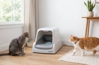 scoop free litter box in clean home with two cats using automatic litter box