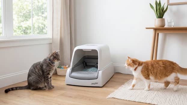 scoop free litter box in clean home with two cats using automatic litter box