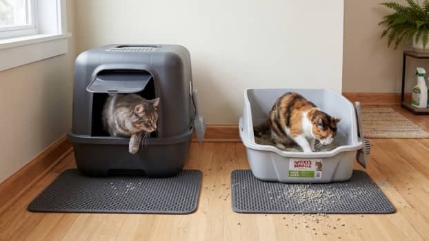 scoop free litter box vs traditional litter box comparison with cats and litter tracking mess