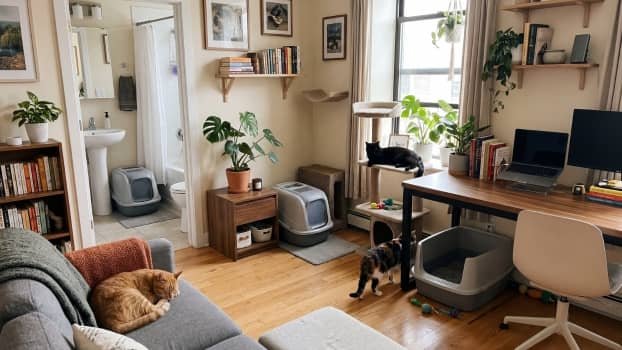 litter boxes placed in different areas of a small apartment with three cats