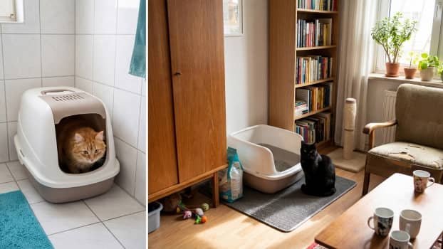 small apartment litter box setup with boxes in separate areas for cats