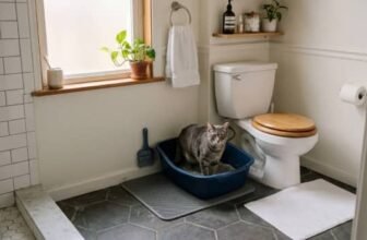 small litter box setup in a tight bathroom space with cat