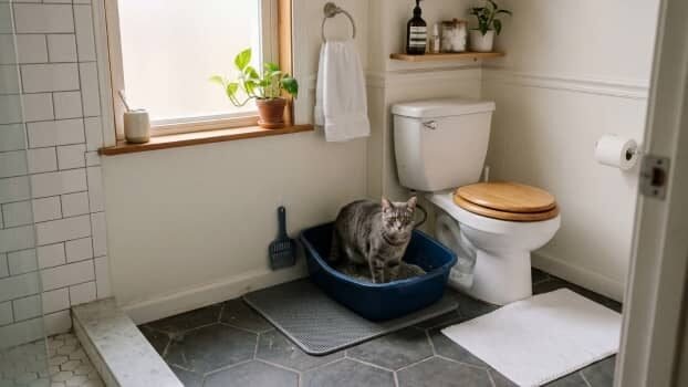 small litter box setup in a tight bathroom space with cat