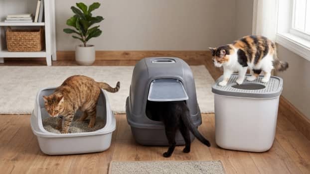 open covered and top entry small litter boxes with cats using each type