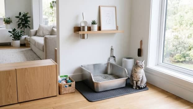 stainless steel cat litter box in a clean modern home with cat nearby