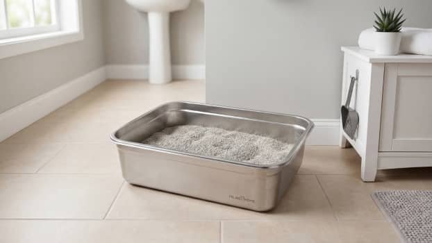 stainless steel litter box in a clean home environment