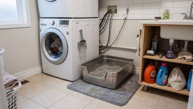 stainless steel litter box setup in a laundry room corner