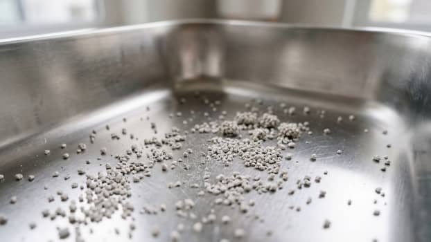 close up of smooth stainless steel litter box surface with cat litter