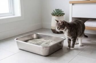 cat next to stainless steel litter box filled with clumping litter