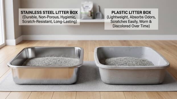 comparison of stainless steel litter box and plastic litter box showing odor resistance and durability