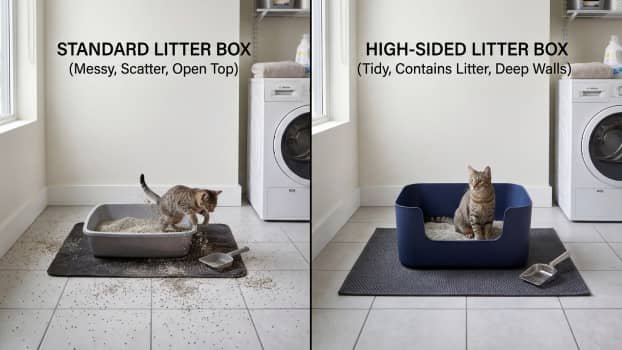 comparison of standard litter box and high sided litter box showing litter containment