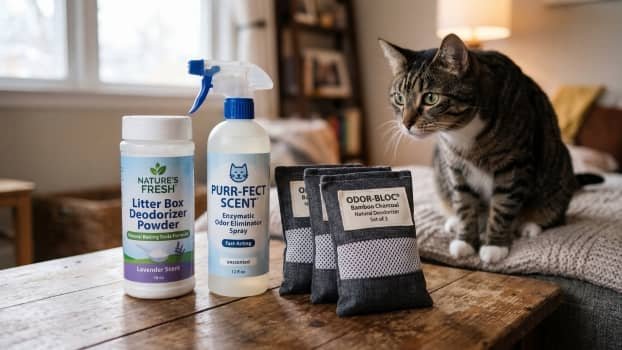 powder spray and charcoal litter box deodorizers with cat nearby