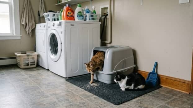best clumping cat litter for multiple cats in a real laundry room setup with two cats