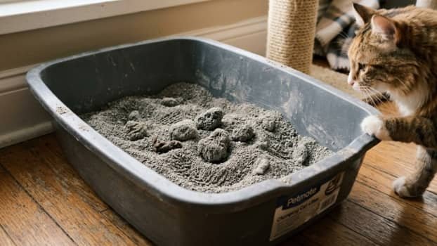 clumping cat litter showing uneven clumps in a real litter box with a cat nearby