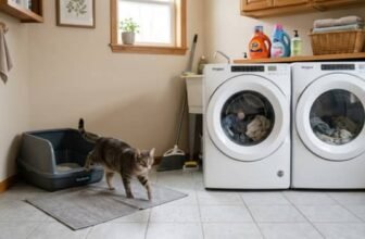 best clumping cat litter in a realistic laundry room setup with cat using litter box