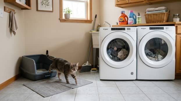 best clumping cat litter in a realistic laundry room setup with cat using litter box