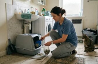 Best way to clean a litter box shown in a real home setting with a person scooping and a cat nearby