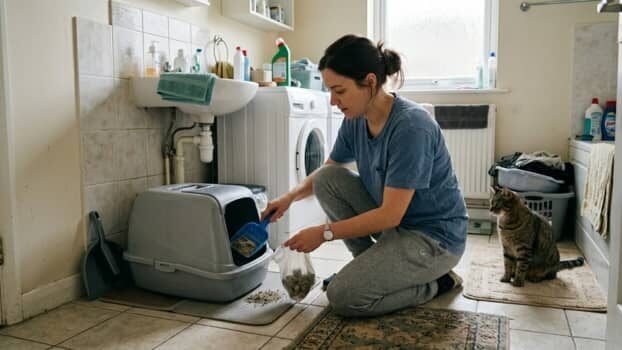 Best way to clean a litter box shown in a real home setting with a person scooping and a cat nearby