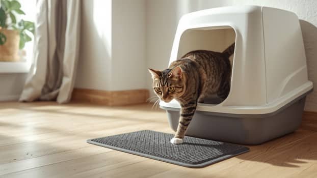 cat stepping out of litter box onto litter mat to reduce tracking on floor