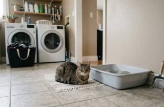 Cat sitting near a clean litter box with a cat litter scoop in a laundry room
