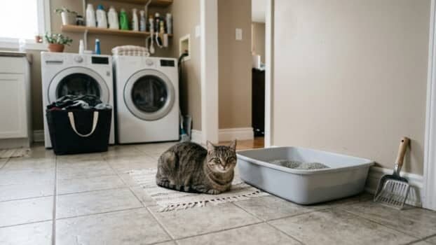 Cat sitting near a clean litter box with a cat litter scoop in a laundry room