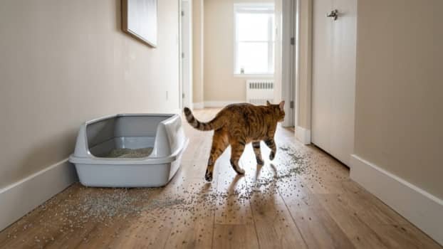 cat tracking litter across the floor after leaving a litter box in a hallway