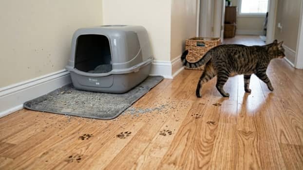 Cat walking away from litter box leaving litter scattered on floor