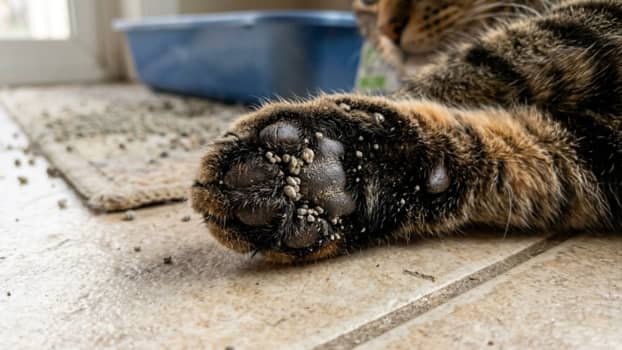 cat paw with litter stuck between paw pads causing litter tracking