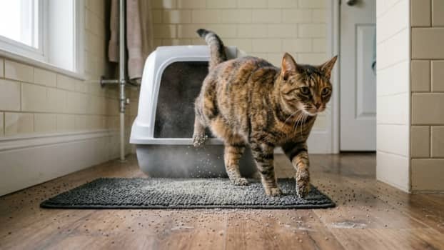 cat paw covered in clay litter stepping out of litter box onto floor