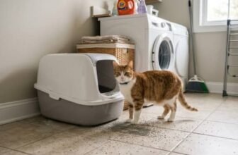 clay cat litter tracking mess around litter box in laundry room