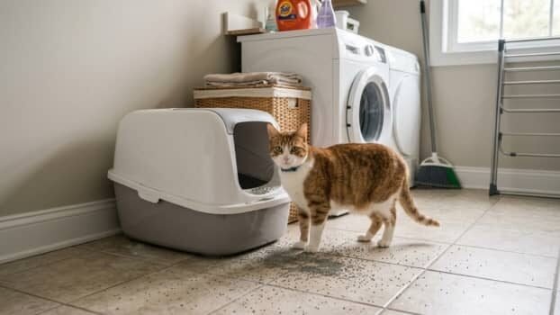 clay cat litter tracking mess around litter box in laundry room