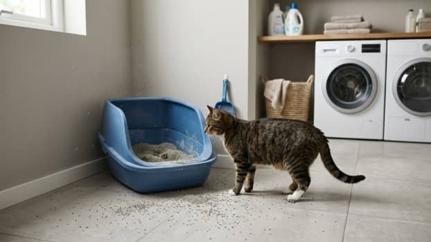cat tracking clay litter on floor outside litter box in laundry room
