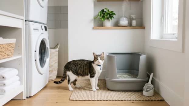 clean cat litter box setup in laundry room with cat nearby