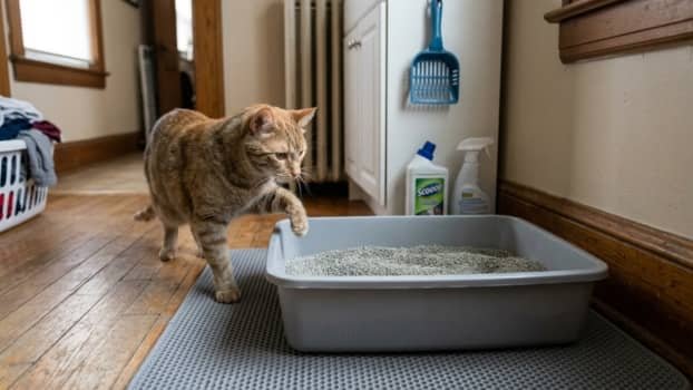 Clean litter box filled with fresh litter at proper depth with a cat stepping in