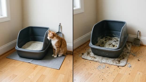 clean vs dirty litter box comparison showing odor buildup and maintenance difference