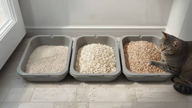 comparison of clumping cat litter showing fine particles vs larger low tracking granules