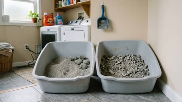 realistic comparison of strong clumping cat litter and weak crumbly clumps in litter box
